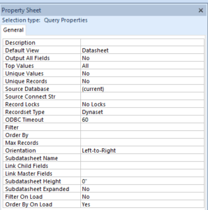 Query properties in Microsoft Access.