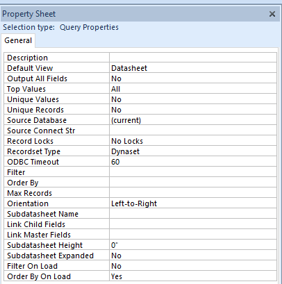 Create query in Microsoft Access and set properties.