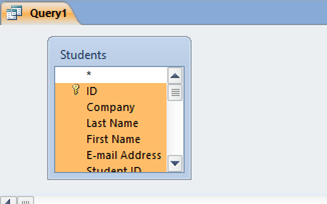 All fields selected in a field list in a Microsoft Access query.