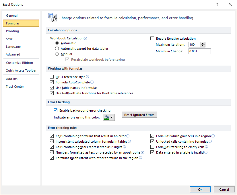 Microsoft Excel Options dialog displaying error checking options.