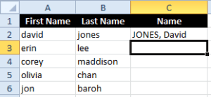 Excel Flash Fill example combining data and changing case.