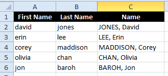 Excel Flash Fill Example combining text and changing case with names finished.