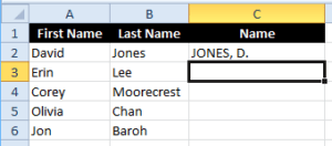 Excel Flash Fill Example combining partial text and changing case.