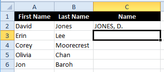 Excel Flash Fill Example combining partial text and changing case with names.