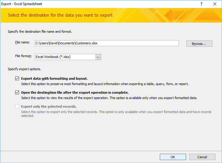 Micrososft Access export wizard dialog box for exporting to Excel.