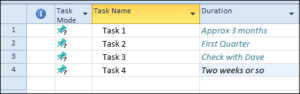 Micrososft Project manually scheduled tasks in task list.