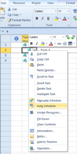 Context menu that appears when you right-click in a task in Microsoft Project.
