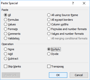 Micrososft Excel Paste Special dialog box with Multiply selected to convert text to numbers.