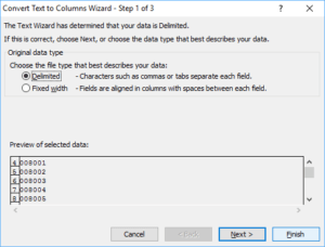 Micrososft Excel Text to Columns dialog box.