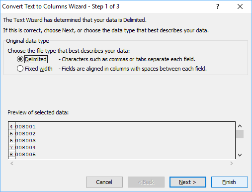 Microsoft Excel Text to Columns dialog box to convert text to numbers.