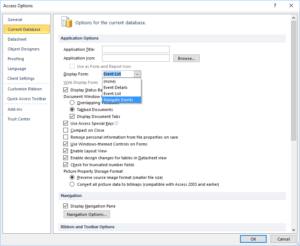 Microsoft Access set a form as a startup form in the Options dialog box.