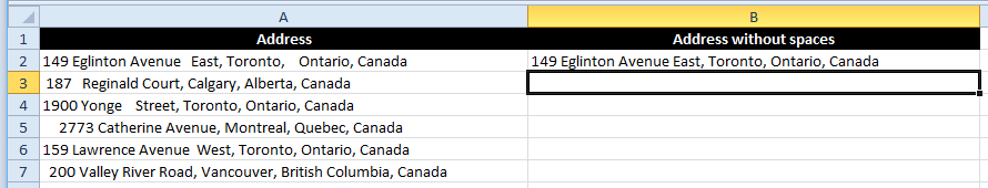 Excel Flash Fill Example removing unnecessary spacing.