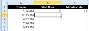 Excel Flash Fill Example extracting hours and minutes.