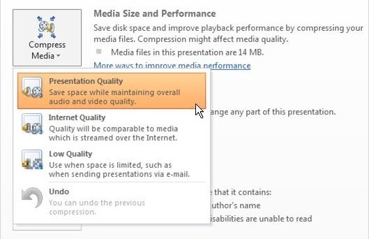 Compress media options in PowerPoint older versions to reduce file size.