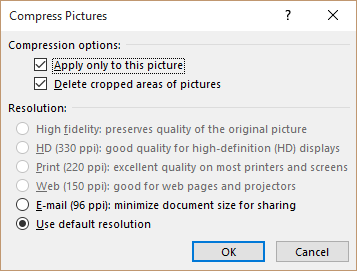 PowerPoint compress pictures dialog box to compress one or more images on a slide.