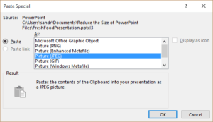 PowerPoint paste special dialog box.