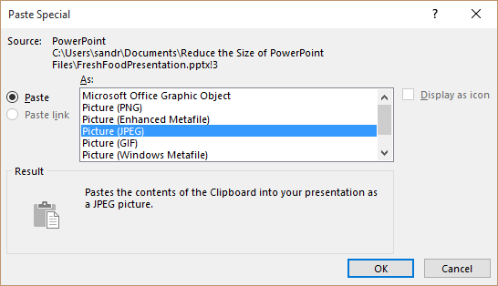  PowerPoint paste special dialog box to compress embedded files and reduce file size.