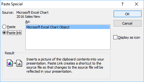 Paste Link dialog box in PowerPoint to paste Excel chart with link.