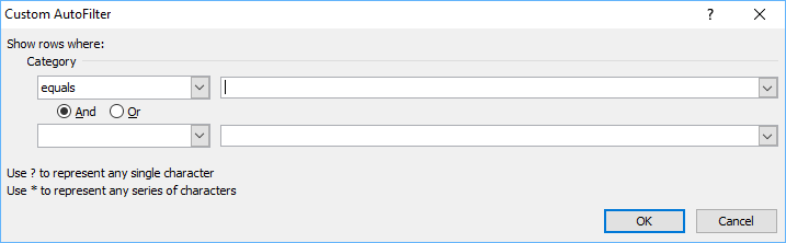 Excel Custom Filter dialog box.