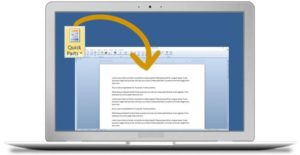 Insert reusable text in Word with Quick Parts (showing Word document in monitor).