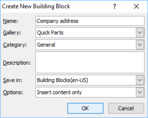 Saving a selection to the Quick Parts gallery dialog in Microsoft Word.
