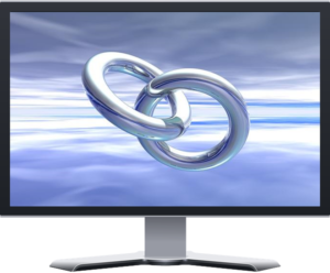 Computer monitor displaying a chain link icon representing linking between PowerPoint and Excel.