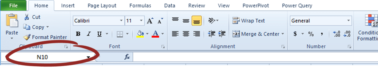 The Name Box in Microsoft Excel to the left of the Formula Bar.