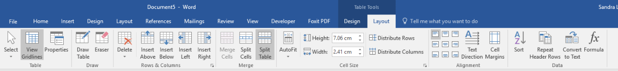 Ribbon in Microsoft Word with Table Tools layout tab selected.