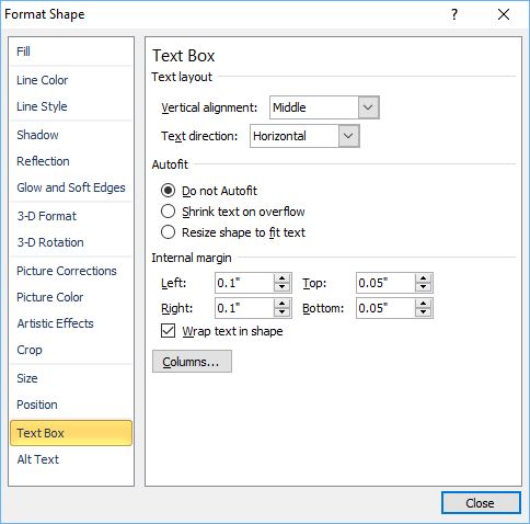 PowerPoint Format Shape dialog box in 2010 to turn off autofit.