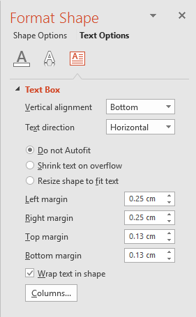 Task pane in PowerPoint to turn off text resizing or autofit.
