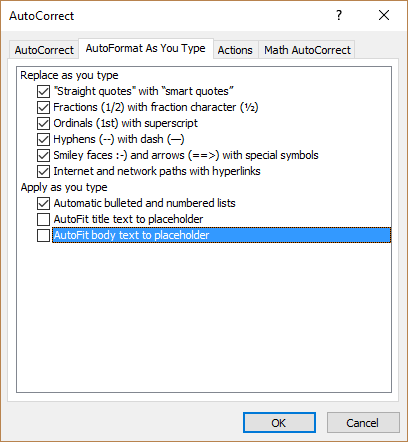 PowerPoint Options for Autocorrect and autofit to turn off autofit text.