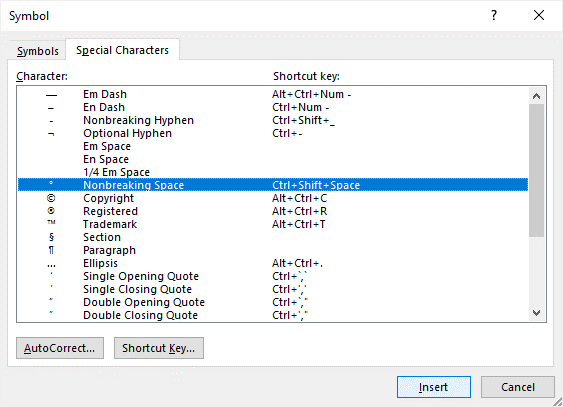 Insert symbol dialog box in word to insert non-breaking space.