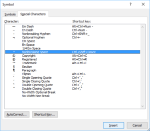 Symbol dialog box in Word to insert nonbreaking space to keep words together.
