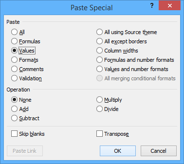 Paste Special dialog box in Excel to paste or fill in blanks.