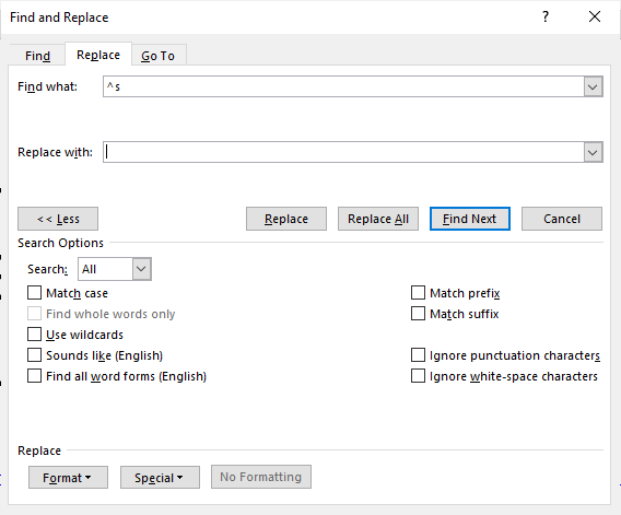 Replace dialog box in Microsoft Word to find and remove nonbreaking spaces or hyphens.