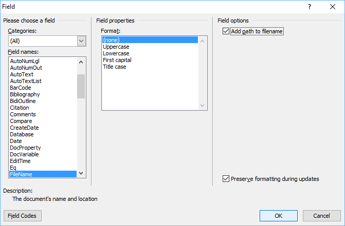 Field dialog box in Word with filename field selected to insert the file name and path.