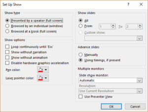 PowerPoint dialog box to set up slide show.