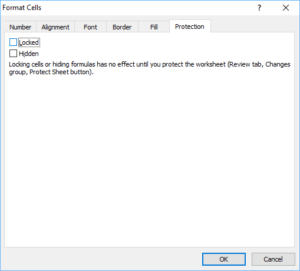 Format Cells dialog box in Excel with locked unchecked.