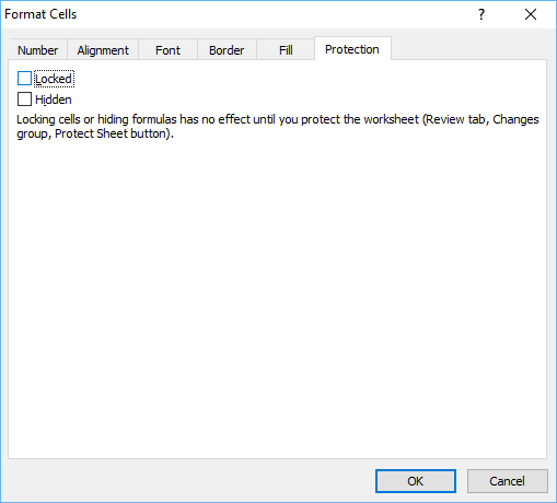 Excel Format Cells dialog box to lock and unlock cells in a worksheet.