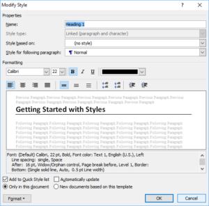 Modify Style dialog box in Microsoft Word.