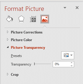 Transparency options in the Format Picture task Pane in PowerPoint.
