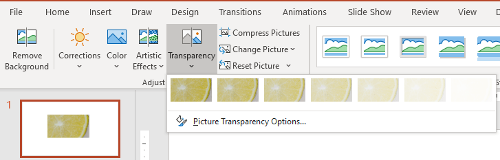Transparency command on the Picture Format tab in PowerPoint.
