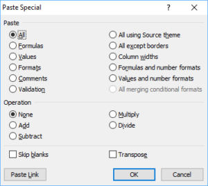 Microsoft Excel Paste Special dialog box.