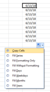 Microsoft Excel Smart Tag menu to copy cells.