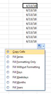 Microsoft Excel Smart Tag menu to copy cells.
