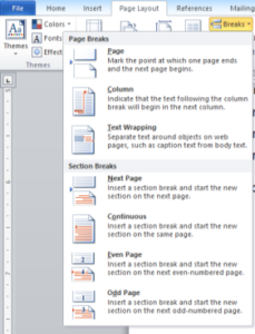 Insert page breaks drop down menu in Microsoft Word Ribbon.