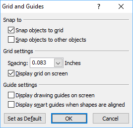 Grid and guides dialog box in PowerPoint with checkbox to turn off snap to grid.