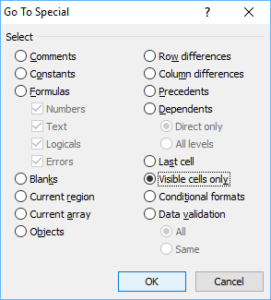 Excel Go to Special dialog box with Visible Cells Only selected.