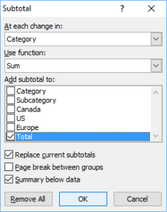 Microsoft Excel subtotal dialog box.
