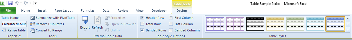 Table Tools tab in Excel Ribbon.